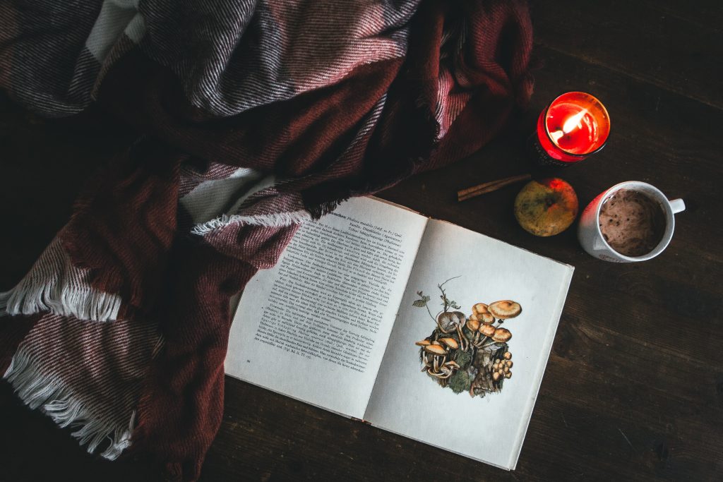 an open book nestled in a blanket with a lit candle nearby